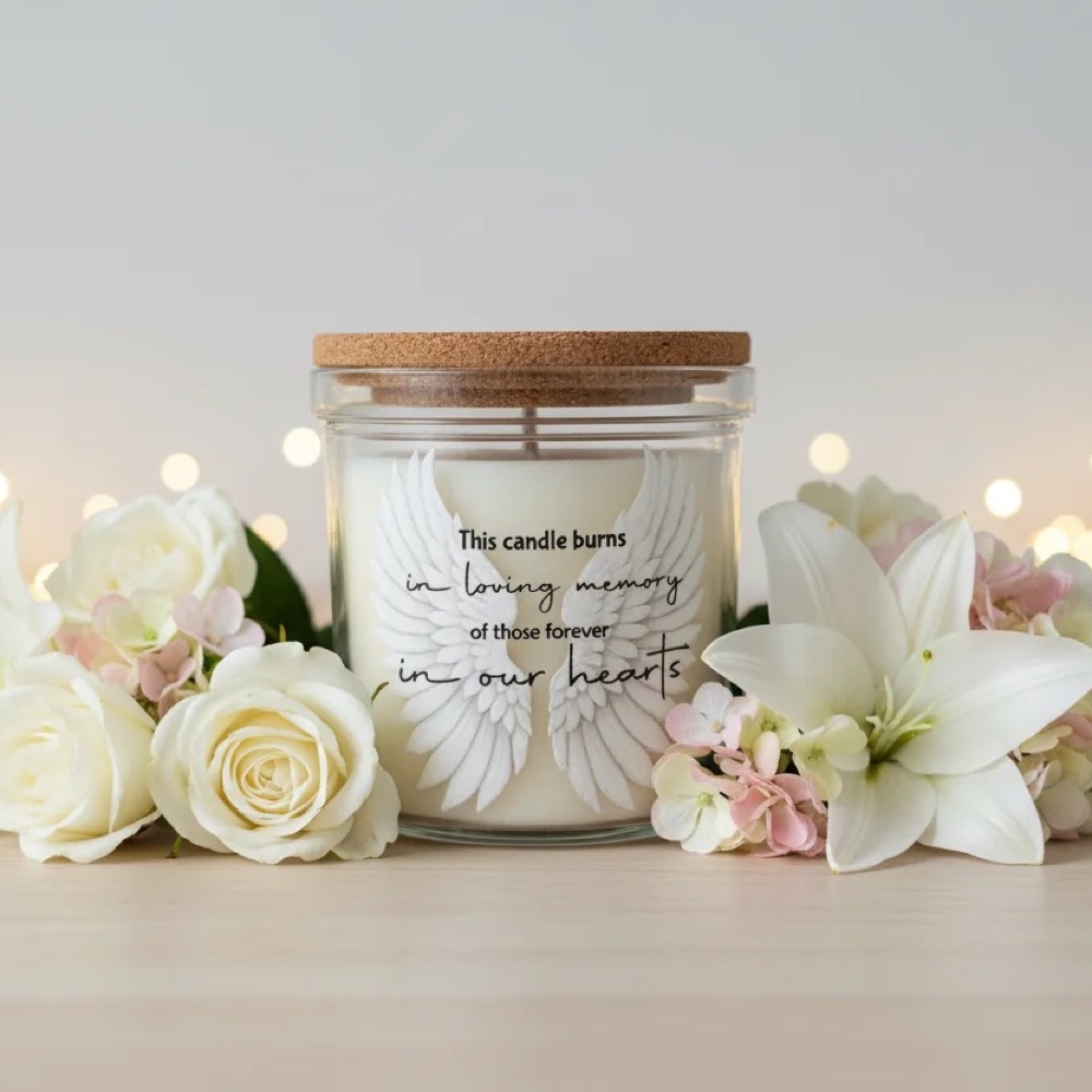 In loving memory candle with white flowers